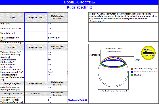 Ein Programmauszug aus dem Rechenwerkzeug 'Kugelschicht'